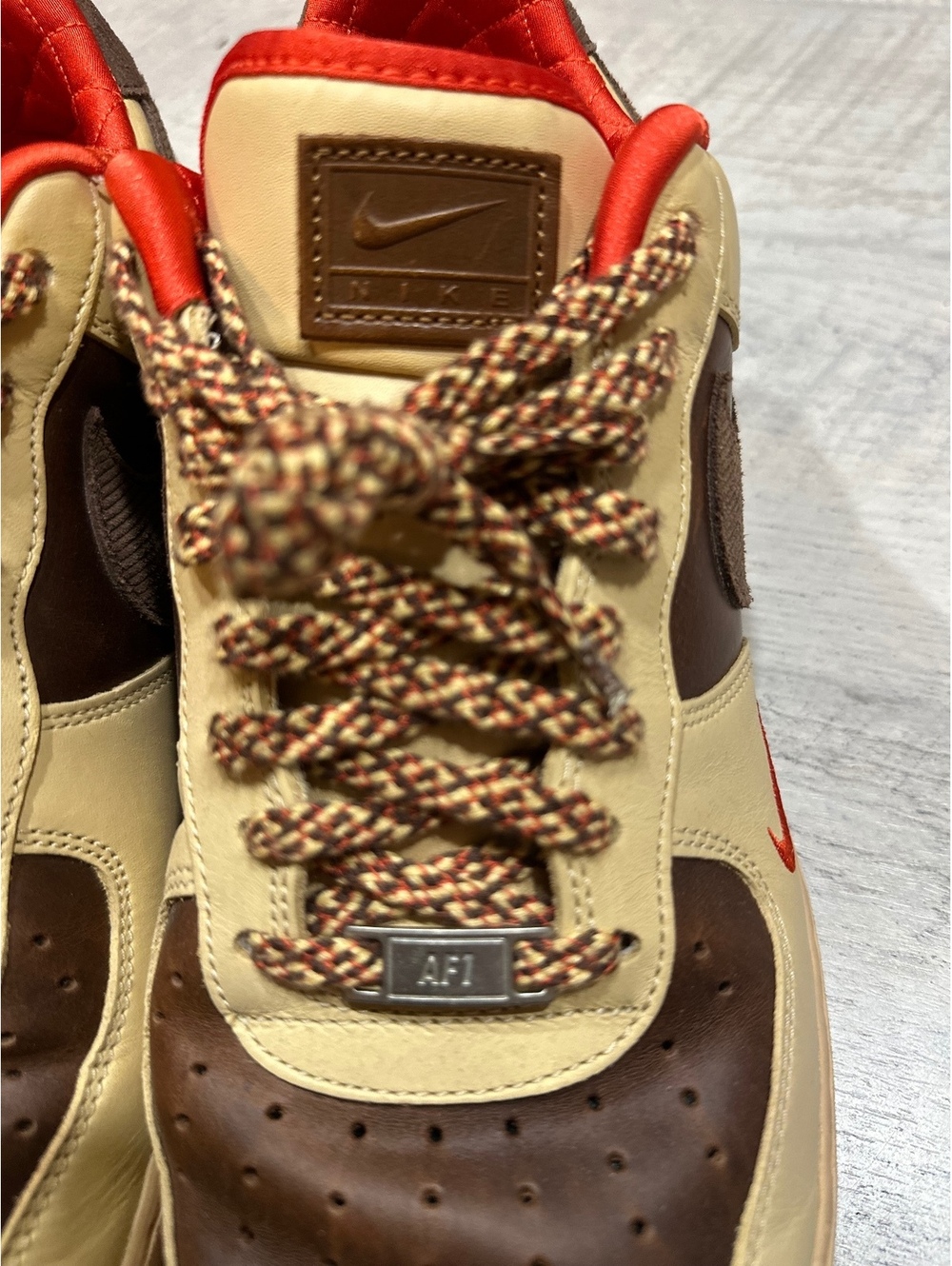 Nike Air Force 1 Low Top Sneakers Brown and Beige with Red